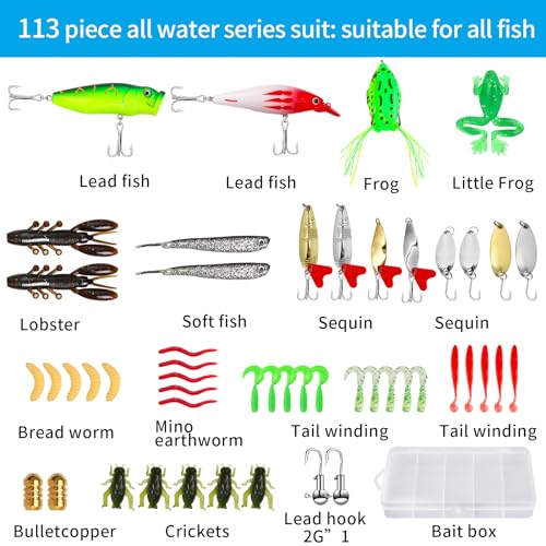 Fishing Tool Kit - 112pcs Fishing Gear & Equipment, Fish Pliers, Hook Remover, Scale, Scissors, Lip Gripper, Lures - color: Blue