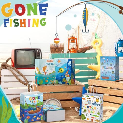 Kosiz 24 pcs Gone Fishing Party Favors Bags Little Fisherman Gift 1st Birthday Goodie Paper Bags Fish Animal Candy Treat Pouch with Handles for Summer Fishing Party Decorations Supplies - style: Fishing