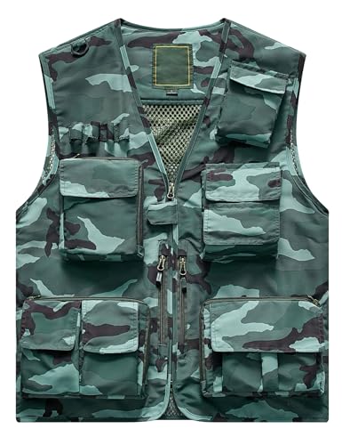 Flygo Men's Casual Lightweight Outdoor Fishing Work Safari Travel Photo Cargo Vest Jacket Multi Pockets - color: Camogreen, size: Small