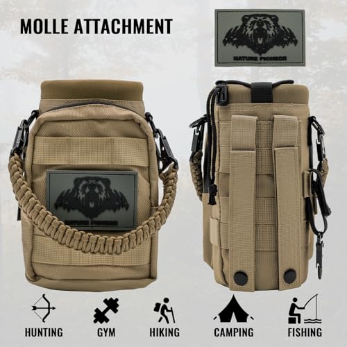NATURE PIONEOR 32 64 128oz Tactical Water Bottle Pouch, Multi-Function Tactical Water Bottle Bag with Adjustable Shoulder Strap, Half/One Gallon Molle Strap Carrier Holder - color: Khaki, size: 32OZ
