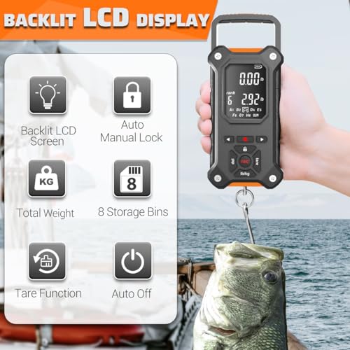 SNAIL TRAIL 8 Storage Bins Digital Fishing Scale & Lip Gripper with Auto-Rank, Large & High Contrast Backlit LCD Display, Multi-Mode(LB, LB-OZ, KG), 50 lbs Tournament Bass Fish Weigher, Gift for Men - color: Black
