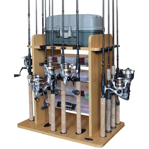Rush Creek Creations Fishing Rod Holder for 14 Saltwater/Freshwater Rods, Fishing Pole Holder w/ up to 4 Fishing Gear Tackle Box Storage for Garage Organization/Boat Storage for Fishing Accessories | Fishing Pole Holder - color: Light Wood
