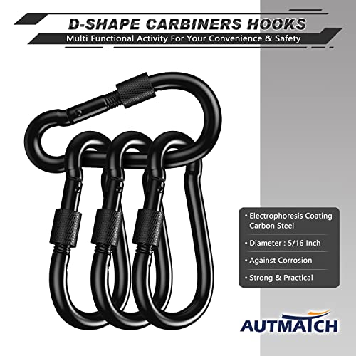 AUTMATCH Carabiner Clips, 3" Spring Snap Hook Caribeener Clips Buckle Pack Grade Heavy Duty Carabiners Quick Link for Camping, Fishing, Hiking, Traveling, 4 Pack - style: Carbon Steel - Locking Black