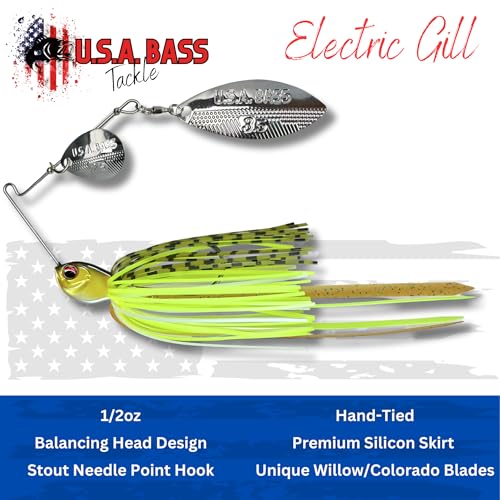 USA BASS Tackle Apache Attack Spinnerbait Type II Largemouth Smallmouth Spotted Bass Premium Fishing Bait Handtied Skirt Custom Blades Heavy Duty Hook New for 2025 - color: Electric Gill, size: 1/2oz - Willow/Colorado
