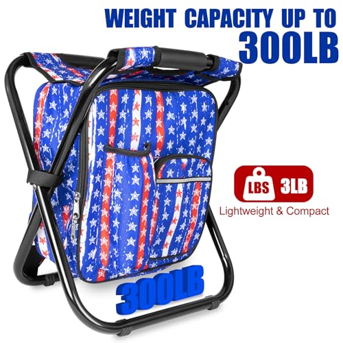 Kikerike Backpack Stool Cooler Chair Heavy Duty 300 LBS Max Load Portable Lightweight Stool Backpack Folding Fishing Cooler Seat for Camping Hunting Fishing - American Flag - color: American Flag