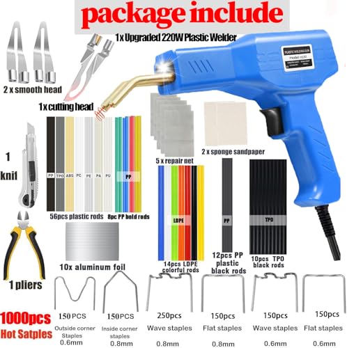 Upgraded 220W Plastic Welder, 2 in 1 Plastic Welding Repair Welder Kit 1000PCS Hot Stapler Soldering Gun with 100PCS Plastics Welding Rods Car Bumper Repair Kit for Most Plastics(Blue) - color: Blue