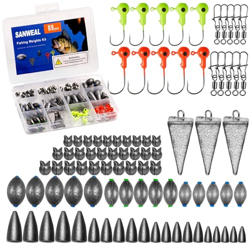 SANWEAL Fishing Weights Sinkers Kit, 88PCS Freshwater Fishing Tackle Starter Kit with Bullet Sinkers, Split Shot Weights, Pyramid Sinkers, Jig Head Hooks & Swivels for Bass Trout Panfish - style: Pro Kit 88 Pcs/15 Types