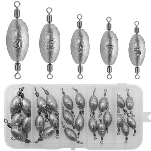 Fishing Weights Sinkers Inline Trolling Fishing Sinkers Egg sinkers with Inner Swivels Oval Drop Lead Fishing Weights for Saltwater Freshwater Fishing - size: 25pcs-mix