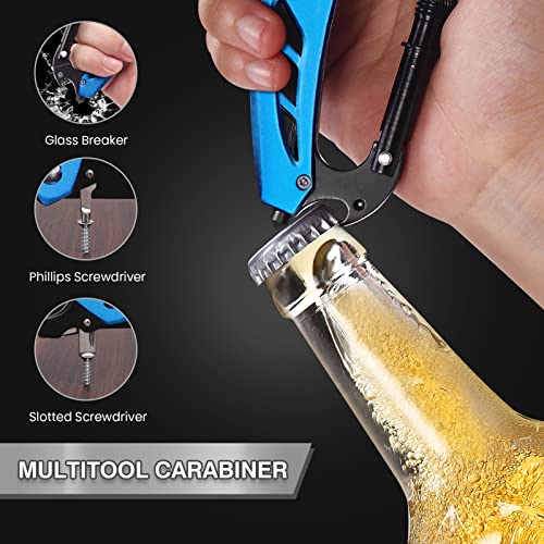 FUNBRO EDC Multitool Carabiner with Knife, Bottle Opener, Window Breaker and Screwdriver, Survival Knives Tools for Men Outdoor Camping (Blue) - color: Blue