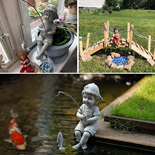 Goodeco Fisherboy Statue Garden Decor - 11" Little Fishing Guy for Koi Pond or Waterfalls, Poolside Statue with Glow in Dark Pebbles Included, Great Gifts for Mom, Women or Birthdays, Gift Ideas - color: Fisherman