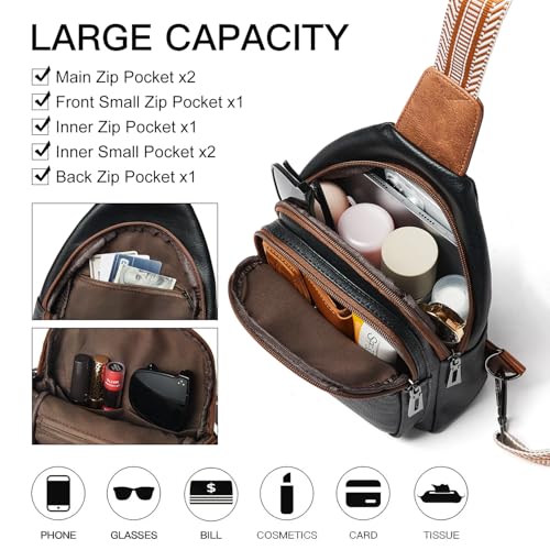 LATMAP 7L Sling Bag for Women Men Crossbody Belt Bag Small Travel Sling Backpack Anti Theft Chest Daypack Purse Faux Leather - color: Black With Brown