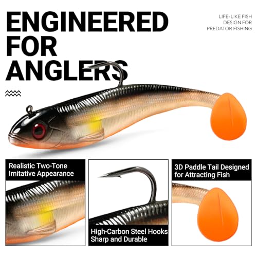 Pre-Rigged Paddle Tail Bass Lures, 3.5in 0.42oz Soft Plastic Fishing Lures with Jig Heads, Unique Swimming Action Swimbaits for Bass, Trout, Walleye, Crappie, Saltwater & Freshwater Bait