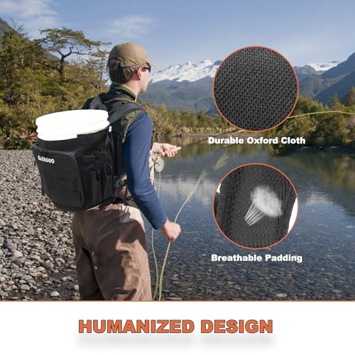 Fishing Bucket Backpack with Rod & Plier Holder and Pockets for Fishing, Hunting, Apple Picking for 5 Gallon Bucket (Black) - color: Black