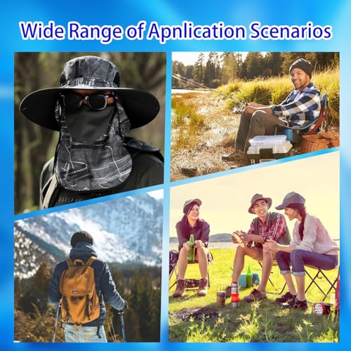 Solar Fan Hat, Wide Brim Solar Fan Outdoor Fishing Hat, 2 Solar Fan Hats for Men, USB Waterproof Outdoor Hiking Camping Fishing Hat with Removable Neck Flap and Face Cover for Fishing Black