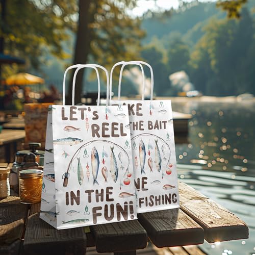 SamPartyShop 24 Pack Fishing Party Favor Bags for Kids – Gone Fishing Goodie Bags with Handles, Fishing Birthday Decorations, Fishing Party Supplies for Boys