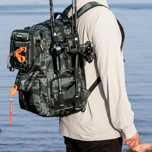 KastKing BaitSpace Fishing Tackle Backpack with Removable Bait Binder,2 Rod Holders Storage Fishing Gear and Equipment - color: B: Black Camo (With (4) 3600 Tackle Boxes)
