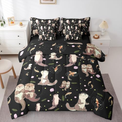 Erosebridal Sea Otters Comforter Set with Sheets King Size Koi Fish 7-Piece Bedding Set for Kids Boys Girls Lap Otter Cute Natural Farmhouse Leaves Beige Black Lightweight Bed in A Bag - color: Beige Black, size: King