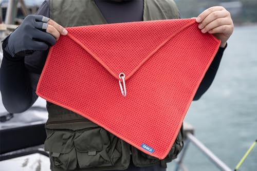 Microfiber Fishing Towels with Clip, Waffle Pattern for Effective Cleaning of Fishing Gears or Dirty Hands, 16” x 16”, Camping Towels, Hiking Towels, Pack of 3 (Red) - color: Red