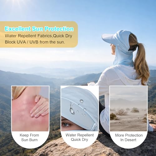 Women Wide Brim Face Mask Sun Hat Detachable Neck Face Flap Ponytail UV Protection Visor Hat Garden Fishing Hiking - color: Bg8094-lightblue