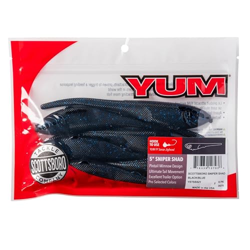 YUM Sniper Shad Soft Plastic – Realistic Minnow Bass Fishing Lure, Jig Head & Underspin Trailer, 3” 4” 5” Sizes, Multiple Colors - color: Black Blue, size: 5"