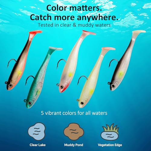 5/6Pcs Pre-Rigged Soft Plastic Lures, Paddle Tail Swimbait, Jig Heads for Bass, Walleye, Pike, Trout, Redfish Fishing - color: 5Pcs Pre-Rigged Paddle Tails