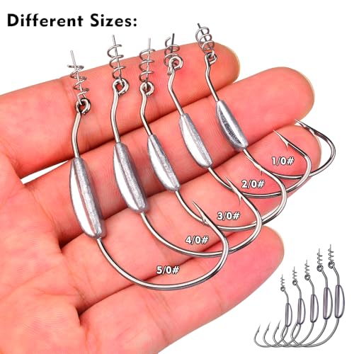Fishing Hooks for Bass Fishing - 100pcs EWG Offset Worm Hook Texas Rig Hooks for Freshwater Saltwater Size 1/0 2/0 3/0 4/0 5/0 - Soft Lures Worms Plastics Bait Fishing Hook with Tackle Box - color: Weighted Swimbait Hooks, size: 1/0-25pcs