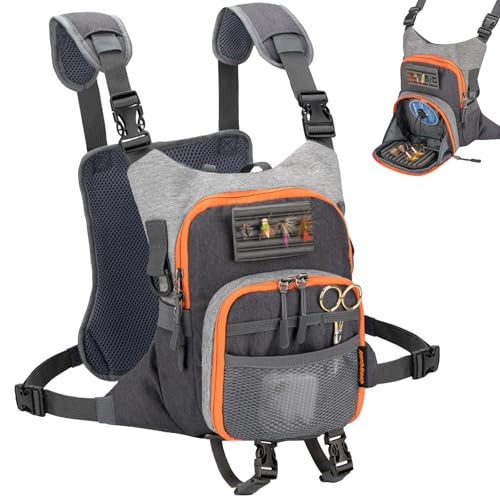 QulayQualy Fly Fishing Pack - Chest Pack with Work Station Lightweight Tackle Fishing Bag with Quick-Release - color: Orange & Grey, size: M-11''