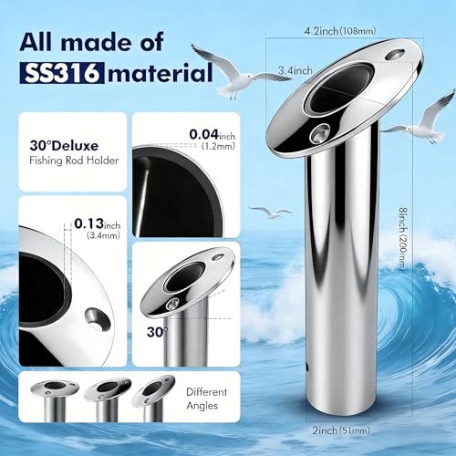 2 Pack Fishing Rod Holders for Boat, 316 Stainless Steel, 3 Angles (15°/30°/90°) Flush Mount, Heavy Duty Saltwater Corrosion Resistant with Thickened Nylon Nesting & Stopper Pin - style: 30 Degree