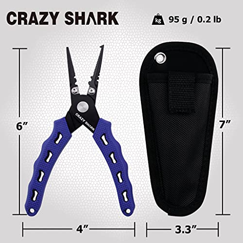 Fishing Pliers, Stainless Steel Fishing Tools, Saltwater Resistant Fishing Gear, Tungsten Carbide Cutters, Split Ring Pliers, Hook Remover with Coiled Lanyard and Sheath - color: Blue B - 6" Split Ring Nose