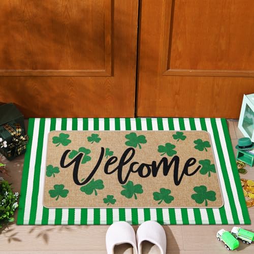 Tinideya 2 Pcs St. Patrick's Day Doormats Welcome Outdoor Irish Shamrock Lucky Clover Door Mats Layered Front Door Rugs Non Slip Floor Mats for Porch Entryway Outdoor - size: 16 x 28 Inch,24 x 35 Inch, style: Shamrock