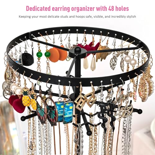 360 Rotating 2-Tier Jewelry Organizer Stand, Large Earring Holder Organizer with 48 Holes for Studs，24 Prongs for Necklaces, Wide Base for Bracelets, Watches, Lipstick, Jewelry Display Stand for Women - color: Metal,2-Tier,Black