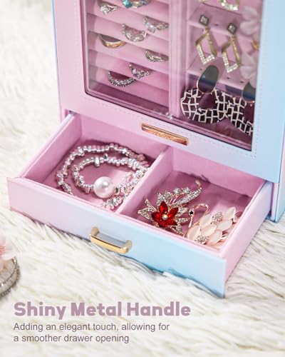Homde Jewelry Organizer Girls Women Jewelry Box for Necklaces Rings Earrings Gift Bracelets Storage Case (Blue - Pink Gradient + Gold) - color: Blue - Pink Gradient + Gold