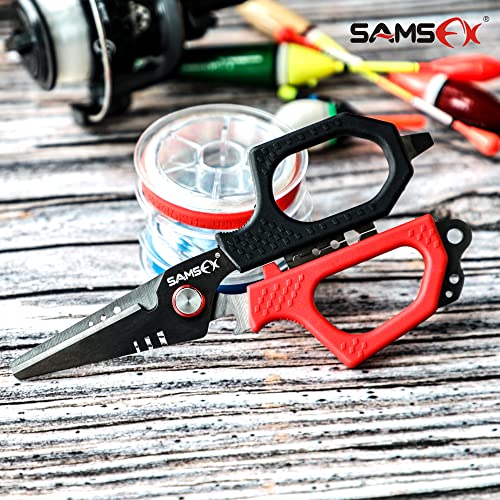SAMSFX 6.5" Pro Fishing Shears Dual Serrated Blades, Fishing Braided Line Scissors with Titanium Coating, Non-Slip Grip & Multifunction Tool, Includes Hard Molded Locking Sheath & Coiled Lanyard - color: A: Red & Black Kraton Handle, Hard Sheath