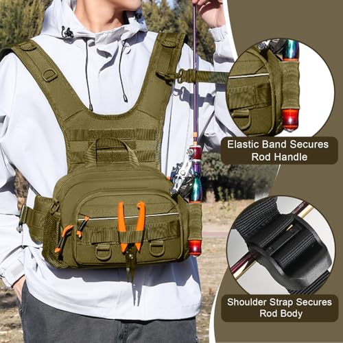 MiOYOOW Fishing Chest Pack, Waterproof Fly Fish Bag with Reflective Design for Men Women Outdoor Hunting Hiking - color: Khaki
