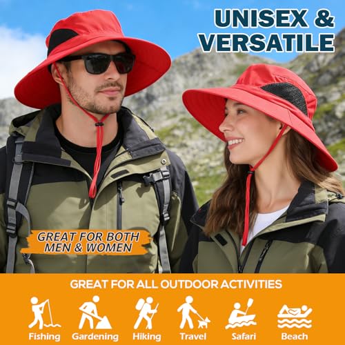 Wide Brim Sun Bucket Hat, Waterproof Boonie Hat for Men & Women | UPF 50+ UV Protection, Adjustable Fit, Chin Strap & Sweatband, Foldable Durable for Fishing Hiking Garden Beach - color: 01 Red