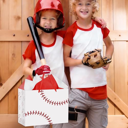 Hooqict Baseball Gift Bag Baseball Birthday Party Gift Wrapping Bag with Handles, Tissue Paper, Greeting Card for Kids Boys Men Sport Themed Birthday Party Favors Supplies - color: White Baseball