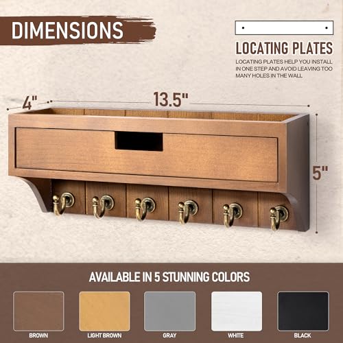Rebee Vision Farmhouse Pine Wood Key Holder Wall Mount with Drawer Organizer – Mail Organizer with 6 Sturdy Key Hooks and Storage Drawer – Rustic Home Decor for Apartment Essentials (Brown) - color: Brown, style: 1-Drawer