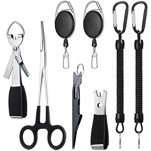 8 Pieces Fly Fishing Tools Accessories Include 4 in 1 Fly Line Clipper Black Knot Tyer Fishing Line Nipper Fishing Hook Remover Forcep Retractors Keychains and Fishing Lanyard for Anglers
