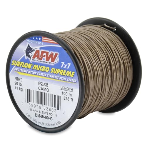 American Fishing Wire Surflon Micro Supreme Nylon Coated 7x7 Stainless Steel Leader Wire - Knottable Wire Leaders for Fishing Saltwater, Fly Fishing, 13lb Test - 90lb Test, Bright, Black & Camo Colors - color: Camo, style: 100 Meter, 90 Pound Test
