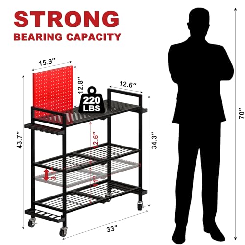 Fishing Rod Holders for Garage, Fishing Rod Stand with Wheels and Pegboard, 3-Tier Pole Storage Rack with 8 Hooks and 12 Rod Slots, Ideal for Tackle, Backpacks, and Gear Red - color: Red