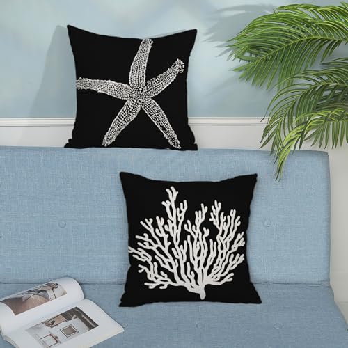 Coastal Pillow Covers 18x18 Set of 2 Black Starfish Throw Pillows Nautical Ocean Decorations Summer Beach Coral Pillowcase Outdoor Decor Linen Farmhouse Square Cushion Case for Sofa Bedroom - color: Black Starfish Coral, size: 18" x 18" (Pack of 2)