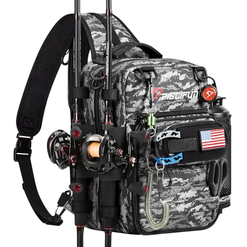 Piscifun Fishing Tackle Backpack, Convertible Sling or Waist Pack, 16-Pocket Storage Gear Bag with 2 Rod Holders & Rain Cover - color: Black Camo