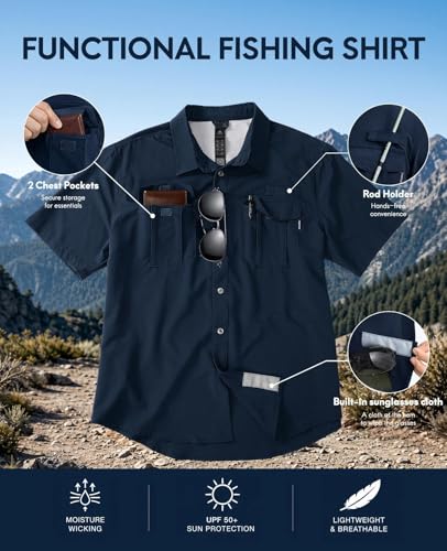 Haimont Men's UPF 50+ Short Sleeve Hiking Button Down Shirt | Quick-Dry Stretch, Mesh Back Vents, Rod Holder & Sunglasses Loops, Outdoor & Travel - color: Dark Blue, size: X-Large