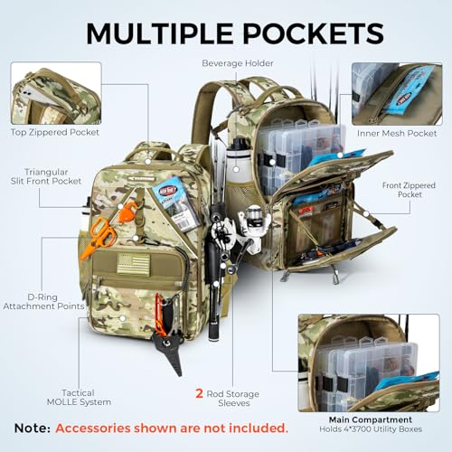 KastKing KarryAll KastMate Fishing Tackle Backpack,Water-Resistant Tackle Bag With 2 Rod Holders,Fishing Gear and Equipment With Large Gear Storage,Khaki Camo - color: D: Khaki Camo