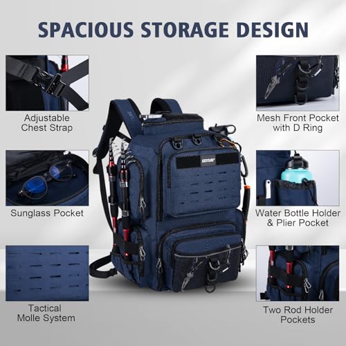 Goture Fishing Backpack,900D Water-Resistant Tackle Backpack with Rod Holders, SBS Zippers,45L Large Fishing Bag Storage Gear Tackle Bag with Rain Cover, Bottle Holder for Travel Camping Hiking - color: A1:Blue(Only Bag), size: Without Tackle Boxes