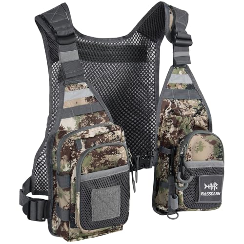 BASSDASH FV08 Ultra Lightweight Fly Fishing Vest for Men and Women Portable Chest Pack - color: Grunge Camo