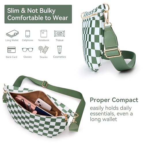 KALIDI Checkered Crossbody Bags for Women Travel Flat Fanny Packs for Woman Men Nylon Cross Body Purse Fashion Belt Bum Bag - color: Beans Green Checkered