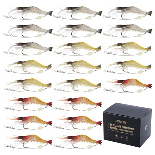 Goture Soft Shrimp Lures Fishing Saltwater Luminous Shrimp Bait Set Fishing Lures with Sharp Hooks for Freshwater Saltwater Trout Bass Salmon Crappie Walleye Pike Perch - color: B:21pcs Shrimp Lures-3.54in/0.21oz