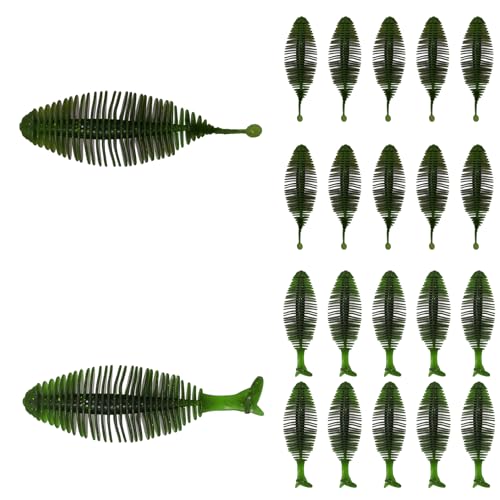 Eupheng 20PCS Soft Plastic Swimbait, Ribbed Plastic Baits with Tickle/Paddle Tail, Fishing Worms Bionic Soft Leech Fishing Minnow Bait for Bass, Pike, Trout, Walleye - color: Dark Green, size: 10cm(3.94inch)
