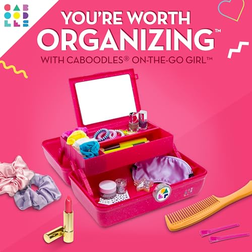 Caboodles On-The-Go Girl Makeup Box, Deep Pink Sparkle, Hard Plastic Makeup Organizer Box, Built-In Mirror, Secure Latch for Safe Travel, Spacious Storage for Large Items - color: Deep Pink Sparkle
